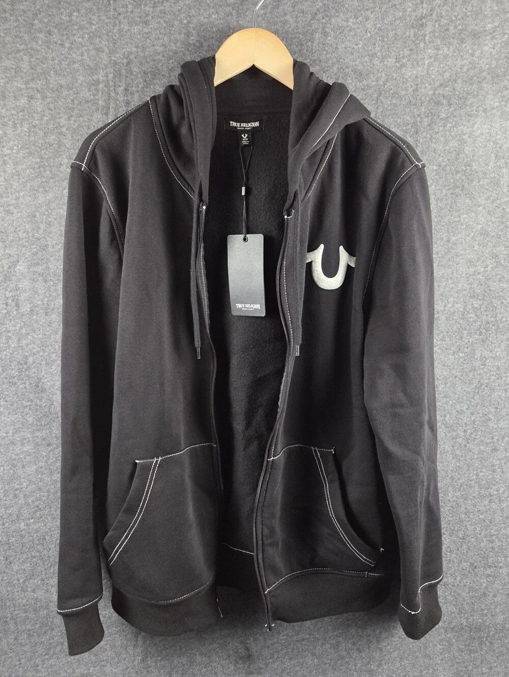 True Religion Graphic Hoodie Mens Medium Black Full Zip Fleece